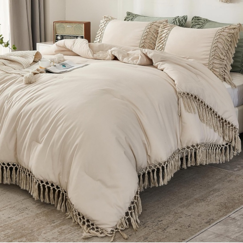 Beige tassel fringe comforter set queen full king 3 pcs boho bohemian